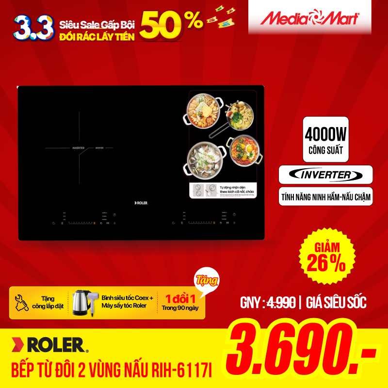 Bếp từ đôi 2 vùng nấu Inverter Roler RIH-6117I