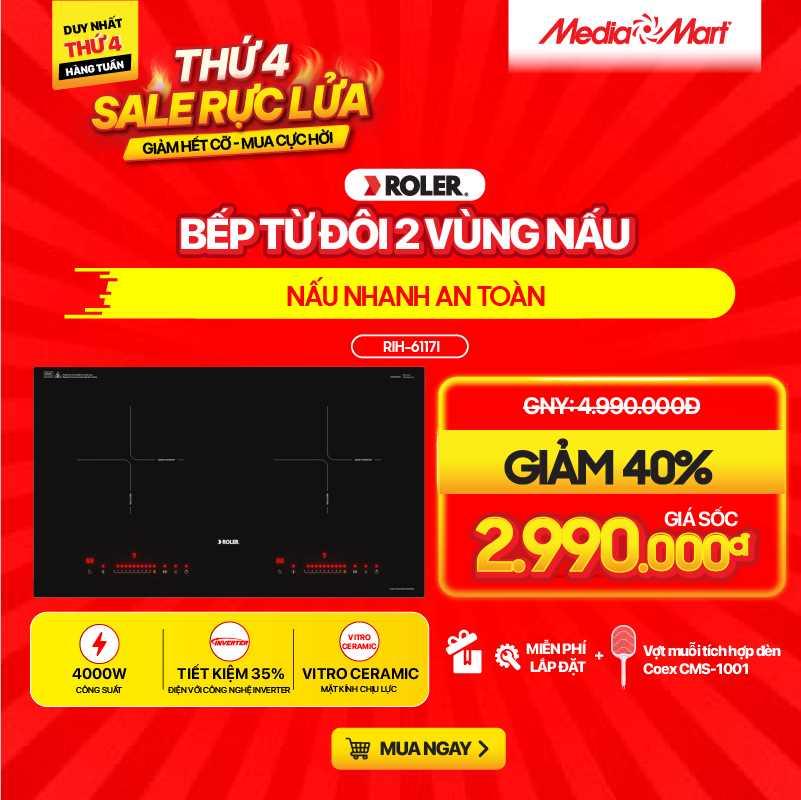 Bếp từ đôi 2 vùng nấu Inverter Roler RIH-6117I