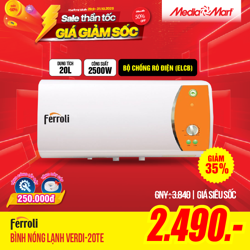 Bình nóng lạnh 20L Ferroli Verdi-20TE