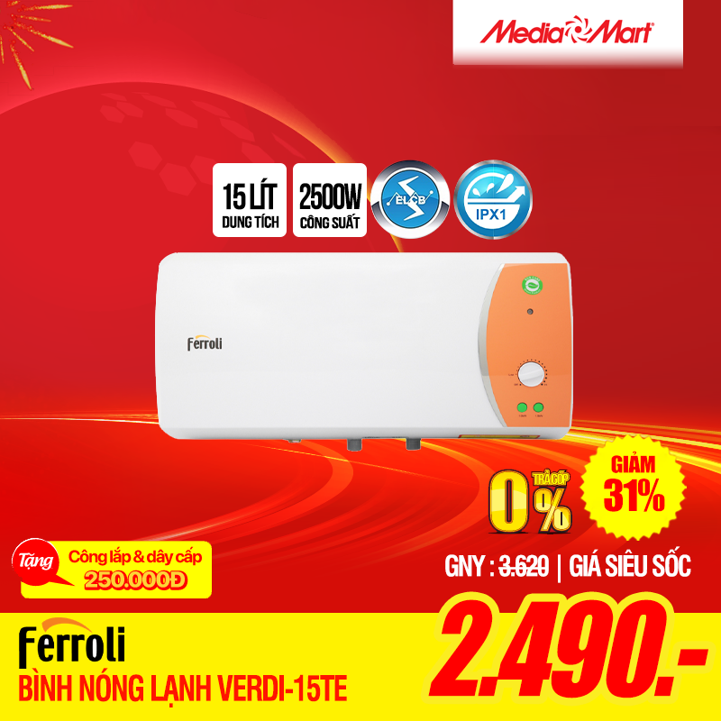 Bình nóng lạnh 20L Ferroli Verdi-20TE