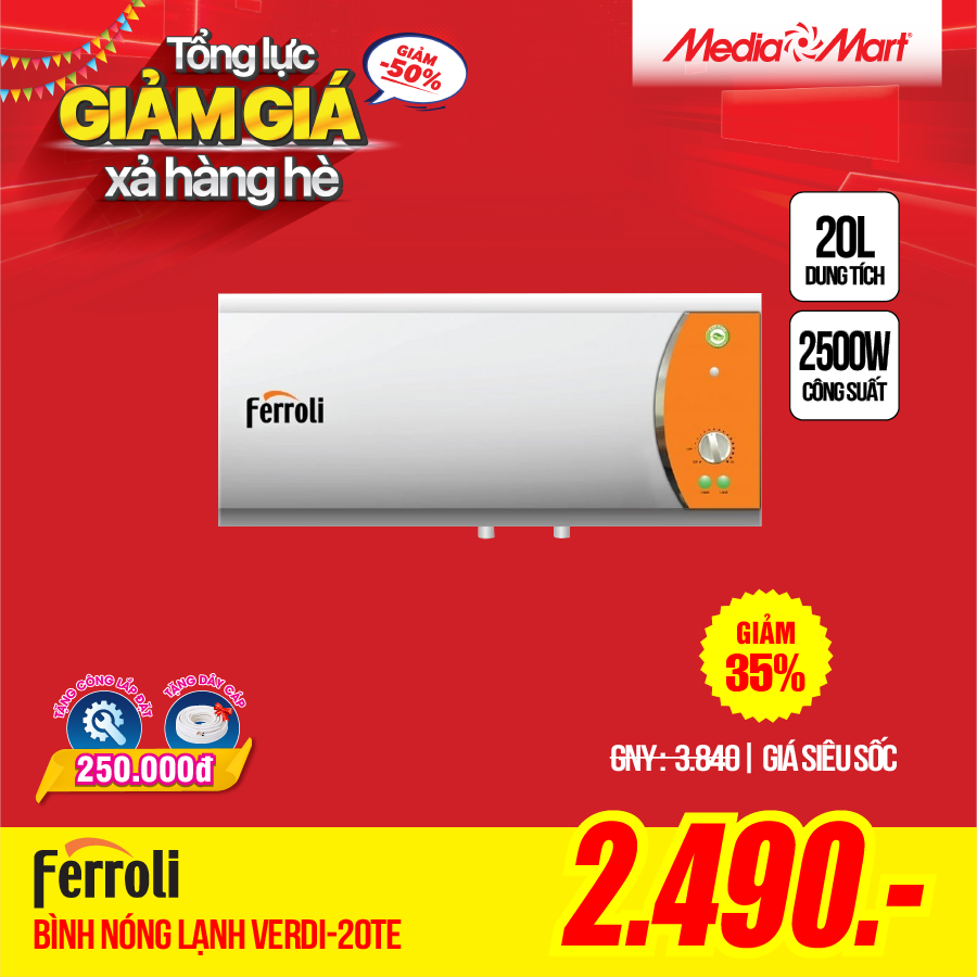 Bình nóng lạnh 20L Ferroli Verdi-20TE