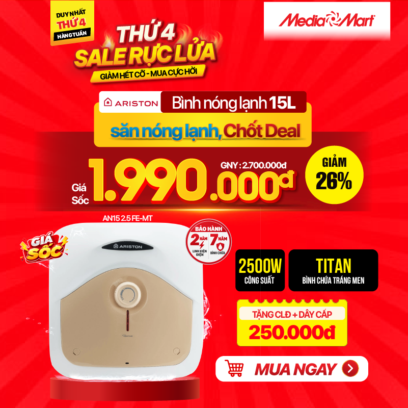 Bình nóng lạnh Ariston 15L AN15 2.5 FE-MT