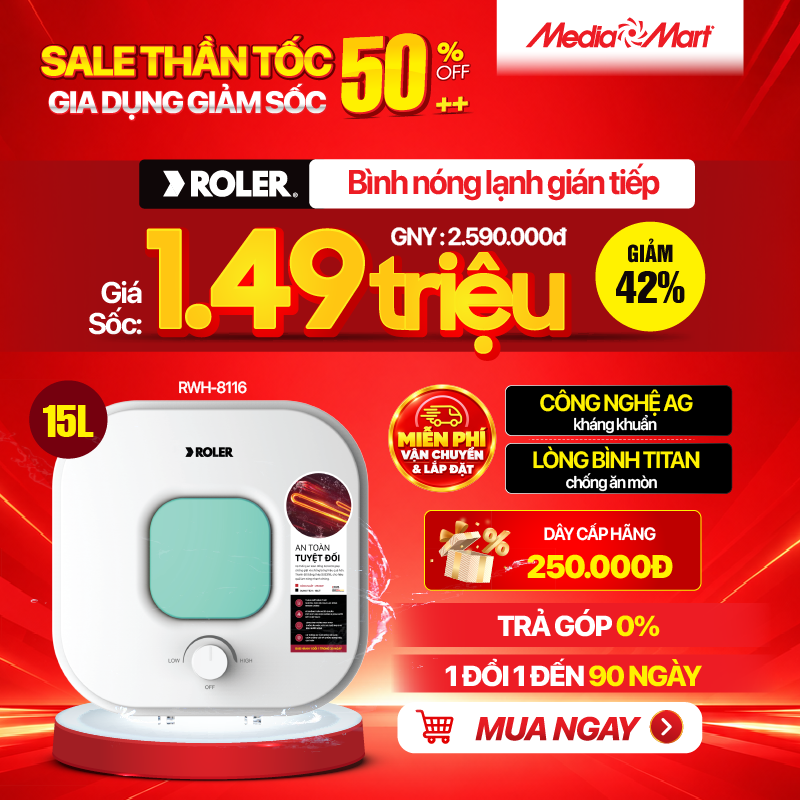 Bình nóng lạnh gián tiếp 15L Roler RWH-8116