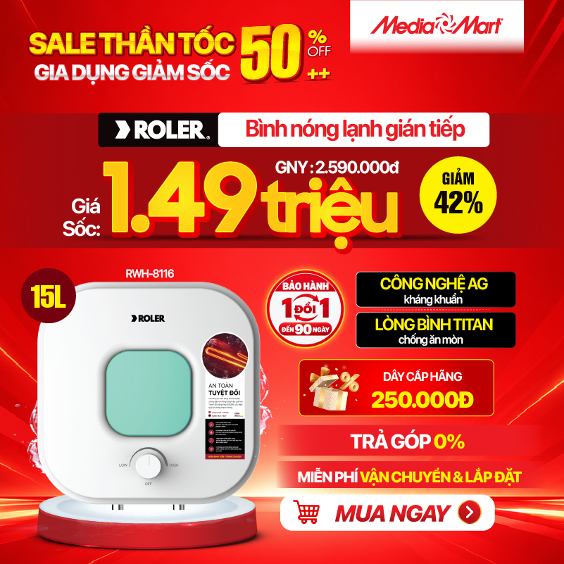Bình nóng lạnh gián tiếp 15L Roler RWH-8116