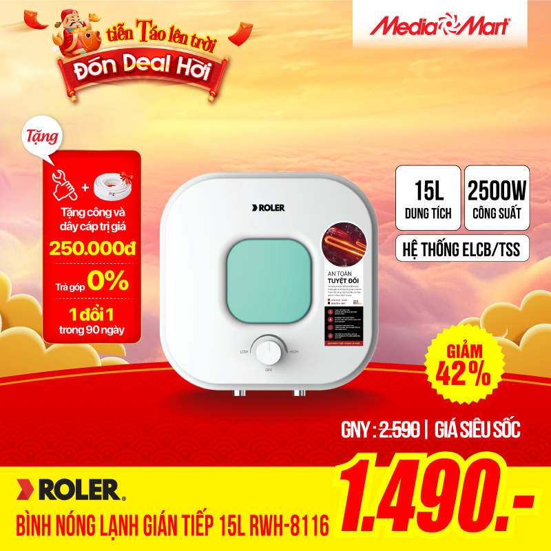 Bình nóng lạnh gián tiếp 15L Roler RWH-8116