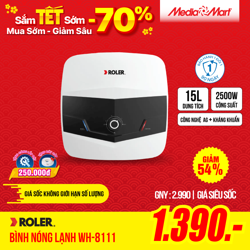 Bình nóng lạnh gián tiếp 15L Roler WH-8111