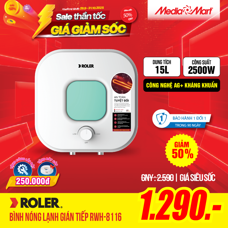 Bình tắm nóng lạnh 15 Lít - Roler RWH-8116