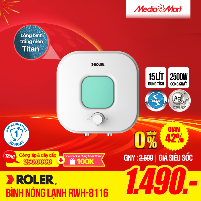 Bình tắm nóng lạnh 15 Lít - Roler RWH-8116