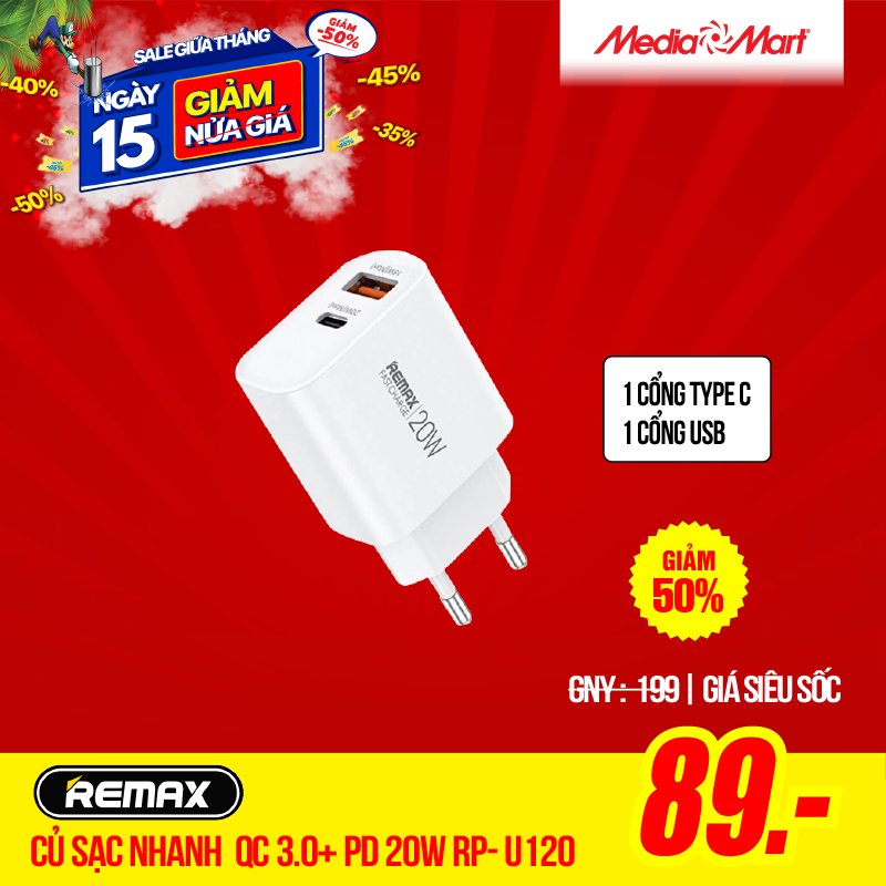 Củ sạc nhanh REMAX QC 3.0+ PD 20W RP- U120