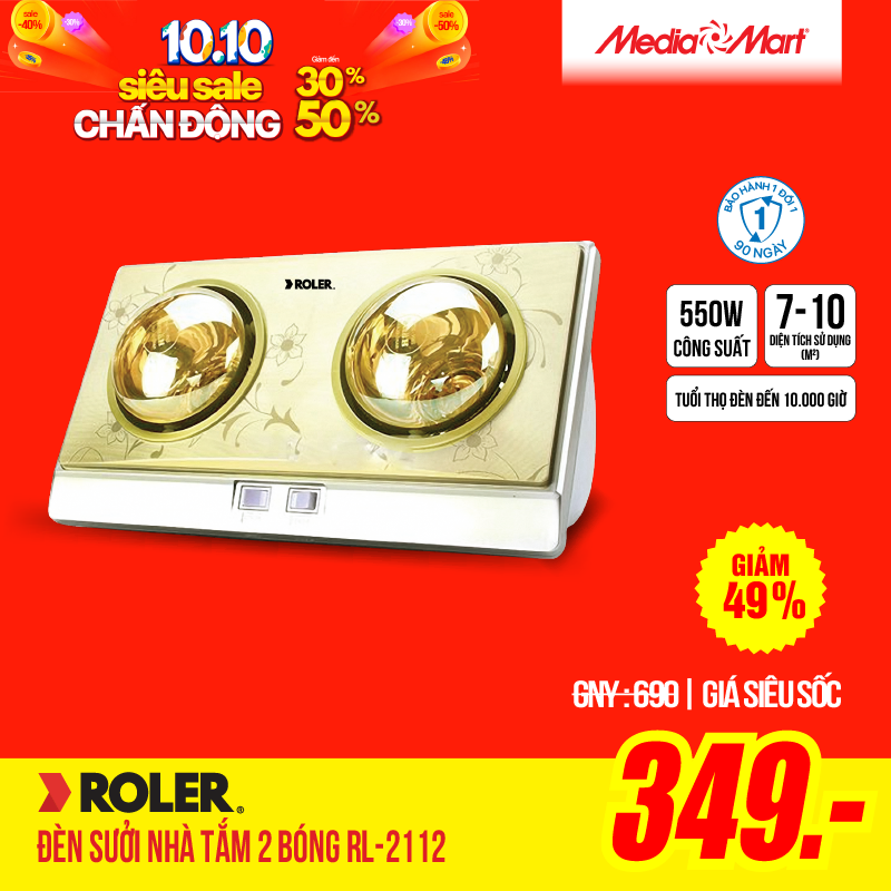 Đèn sưởi nhà tắm 2 bóng Roler RL-2112