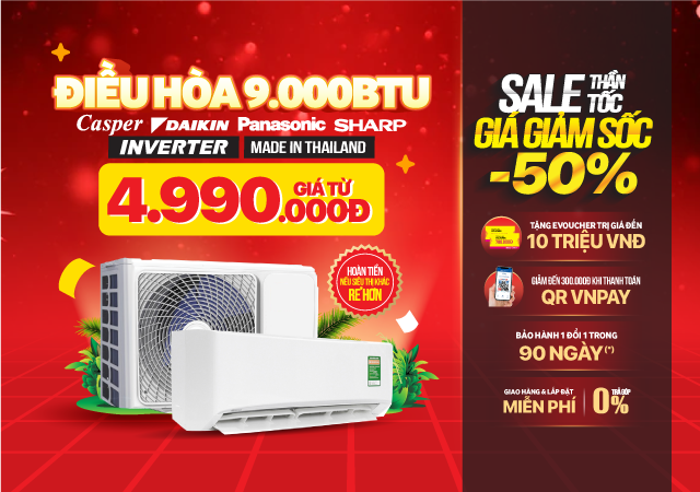 Điều hòa 9000BTU giá chỉ từ 4.990.000đ (Click ngay)