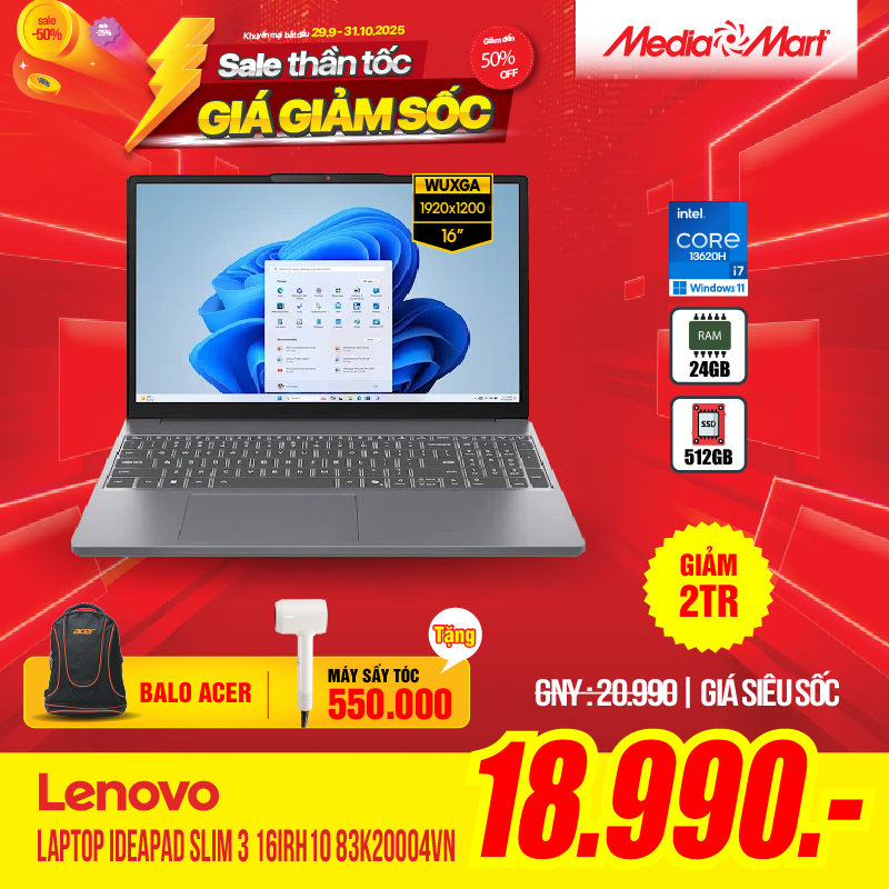 Laptop LENOVO IdeaPad Slim 3 16IRH10 83K20004VN