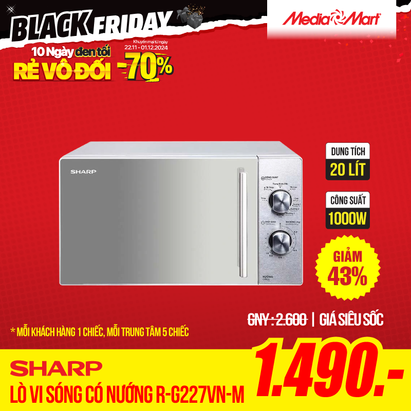 Lò vi sóng có nướng Sharp R-G227VN-M 20 Lít