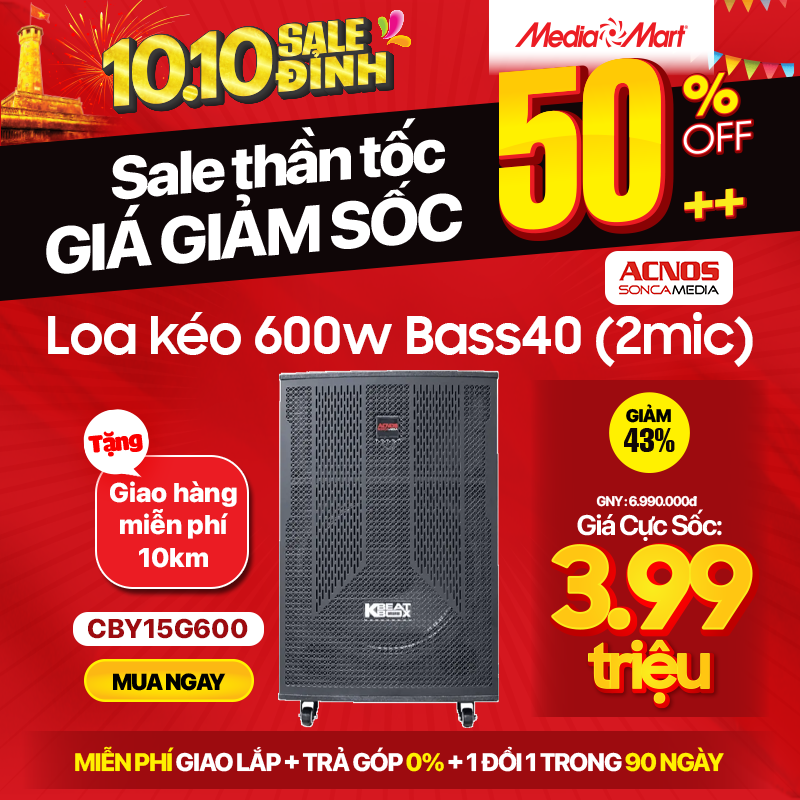 Loa kéo Acnos CBY15G600 600w Bass40 (2mic)