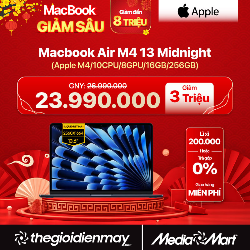 Macbook Air M4 13 MW123SA/A Midnight /Apple M4/10CPU/8GPU/16GB/256GB SSD