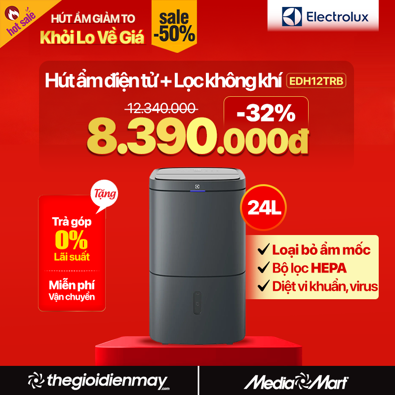 Máy hút ẩm kết hợp lọc khí 24L Electrolux EDH12TRB