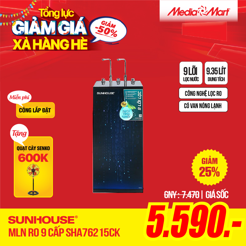 Máy Lọc Nước nóng lạnh Sunhouse RO 9 cấp SHA76215CK giảm giá xả hàng hè