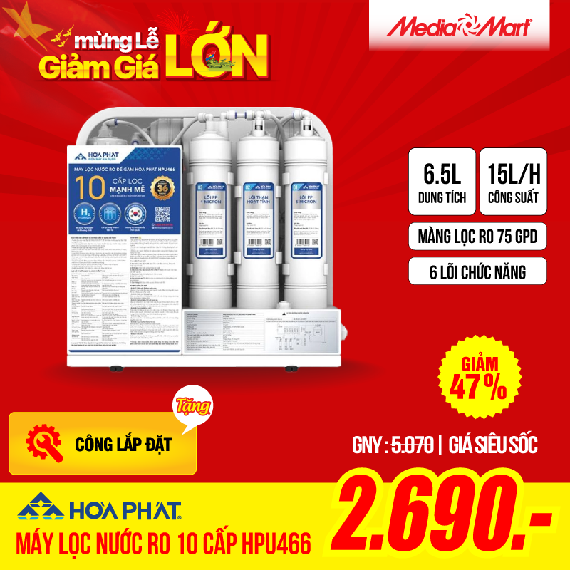 Máy lọc nước RO 10 cấp Hòa Phát HPU466-để gầm