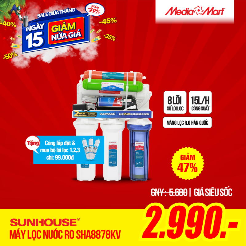 Máy lọc nước RO 8 lõi Sunhouse SHA8878KV