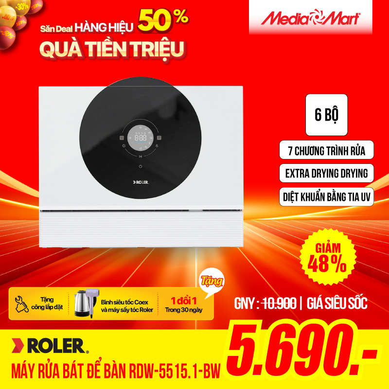 Máy rửa bát 6 bộ để bàn Roler RDW-5515.1-BW