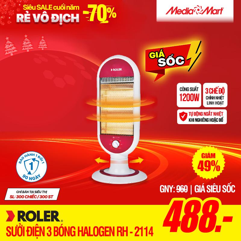 Máy sưởi điện 3 bóng halogen Roler RH - 2114