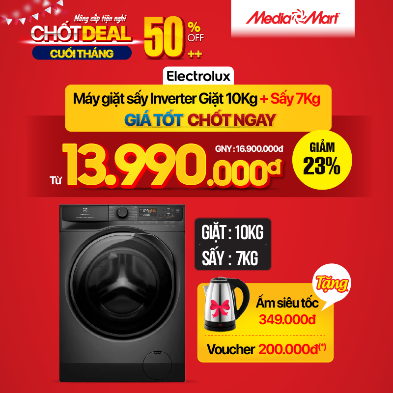 Nâng cấp tiện nghi - DA - Máy giặt - Electrolux 10Kg + sấy 7Kg EWW1023P5SC