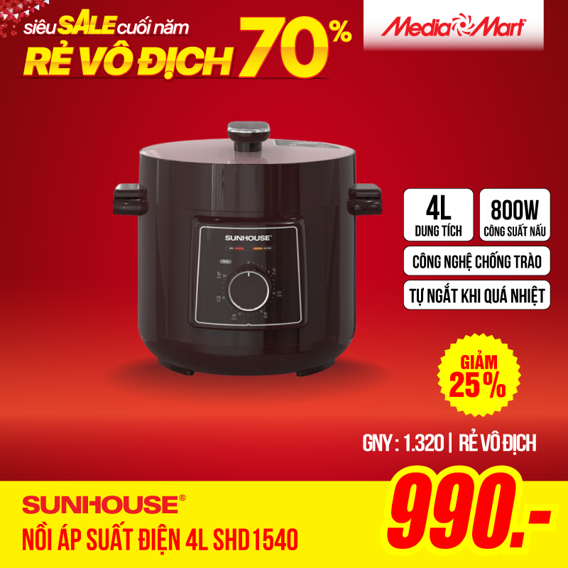 Nồi áp suất điện 4L Sunhouse SHD1540