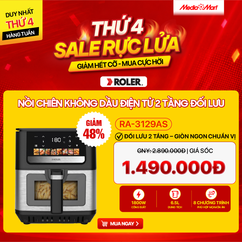 Nồi chiên không dầu điện tử 2 tầng đối lưu Roler 6.5 lít RA-3129AS