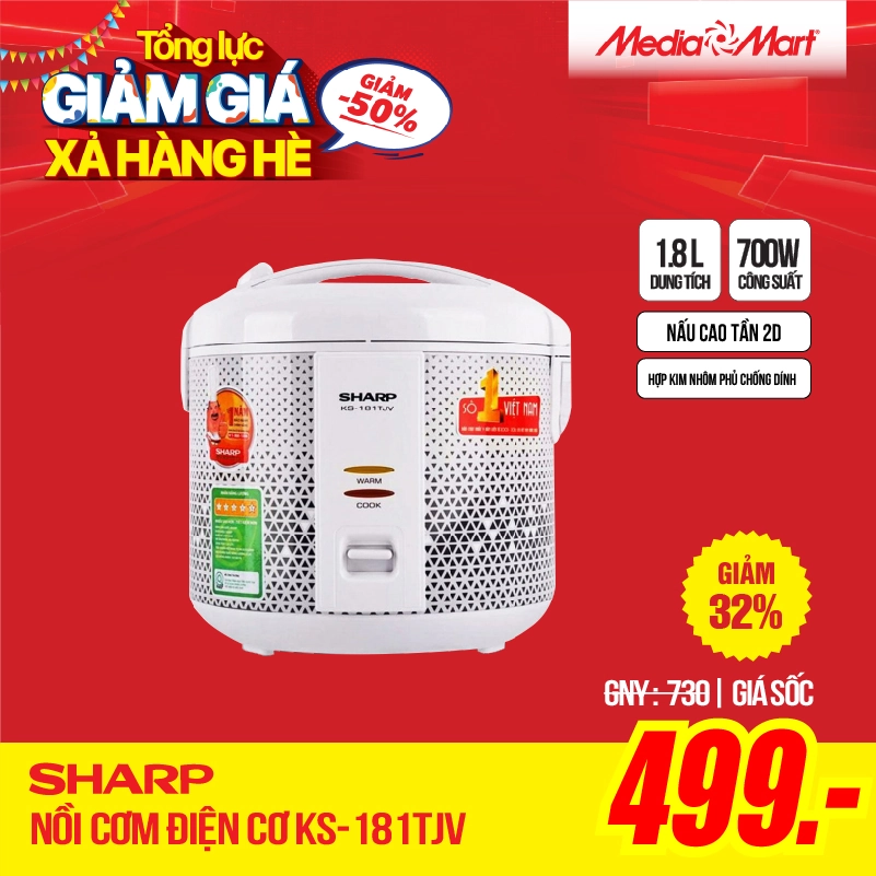 Nồi cơm điện 1.8 Lít Sharp KS-181TJV giảm giá xả hàng hè