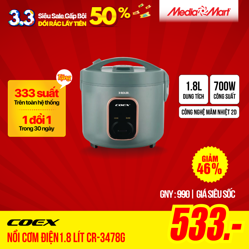 Nồi cơm điện cơ 1.8 lít Coex CR-3478G