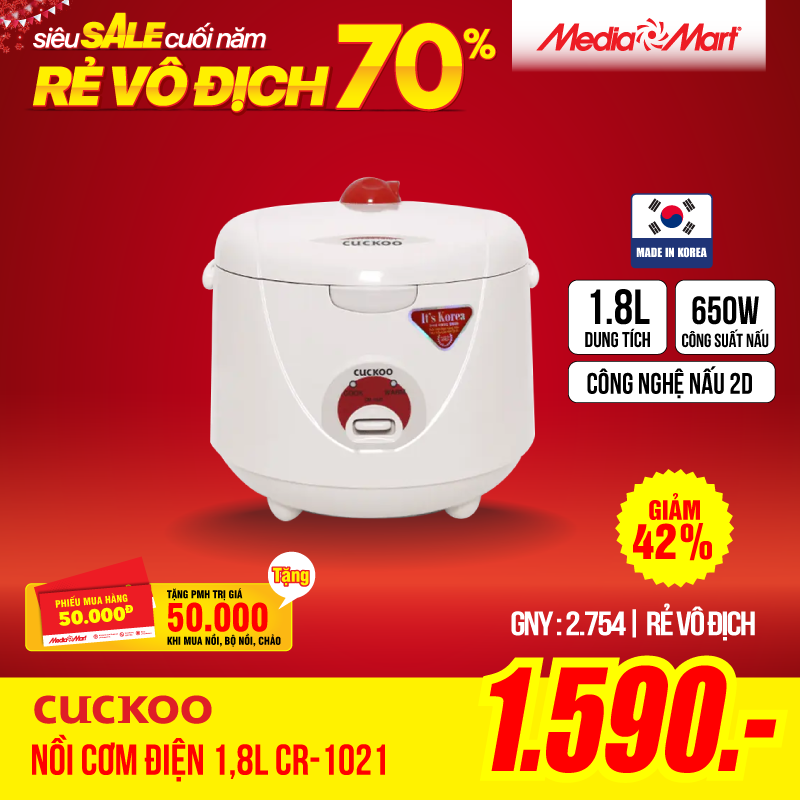 Nồi cơm điện cơ 1,8L Cuckoo CR-1021