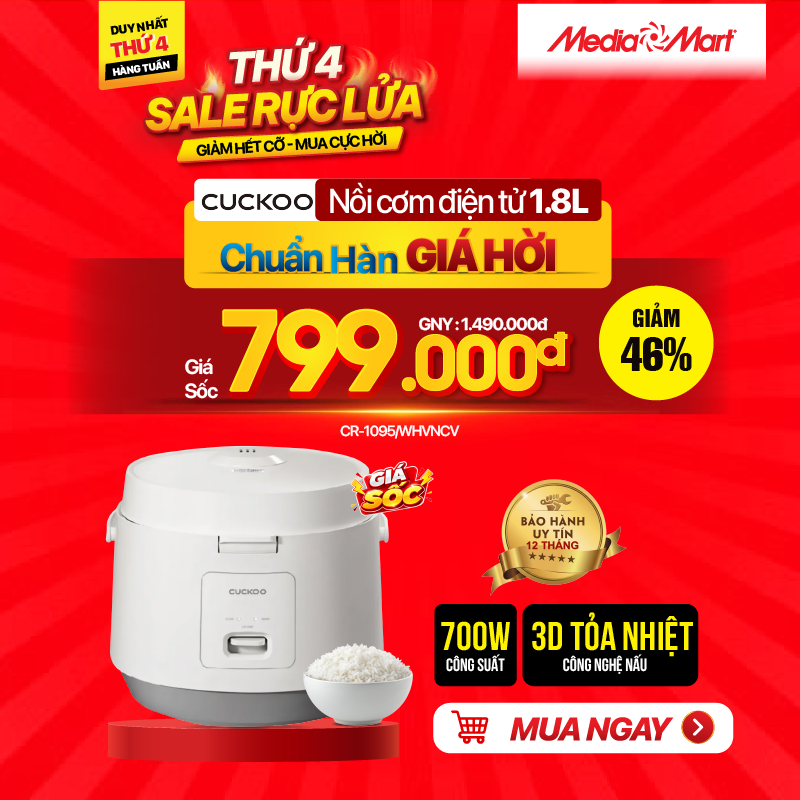 Nồi cơm điện cơ 1,8L Cuckoo CR-1095/WHVNCV