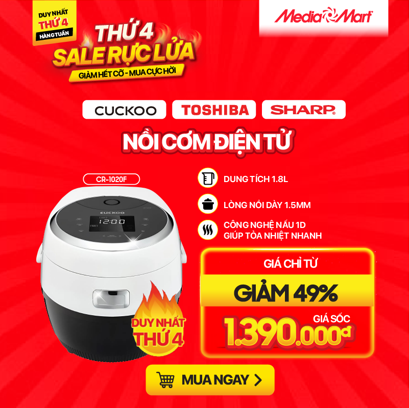 Nồi cơm điện tử 1,8L Cuckoo CR-1020F/BKWH