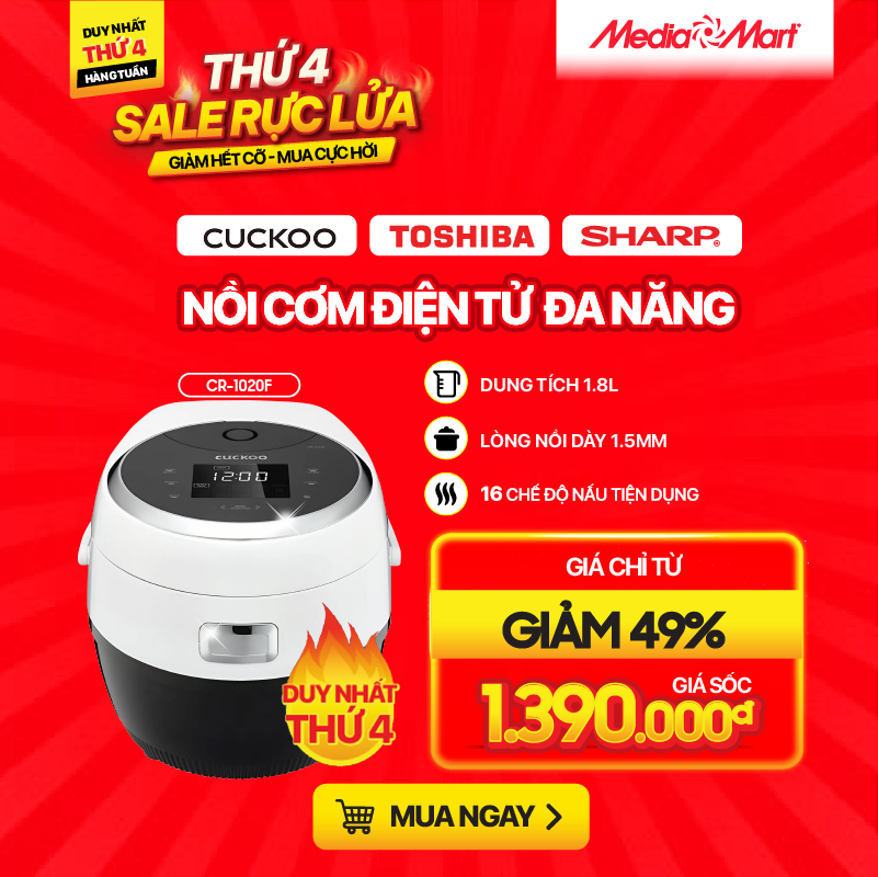 Nồi cơm điện tử 1,8L Cuckoo CR-1020F/BKWH