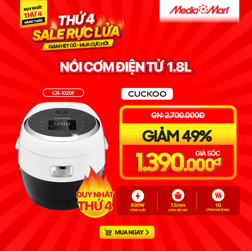 Nồi cơm điện tử 1,8L Cuckoo CR-1020F/BKWH