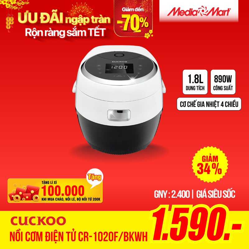 Nồi cơm điện tử 1,8L Cuckoo CR-1020F/BKWH