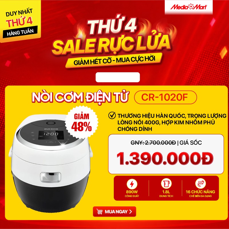 Nồi cơm điện tử 1,8L Cuckoo CR-1020F/BKWH