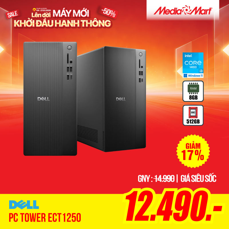 PC Dell Tower ECT1250(71069157) i3-14100/8GB/512GB SSD/Win11/wifi ax/1YW