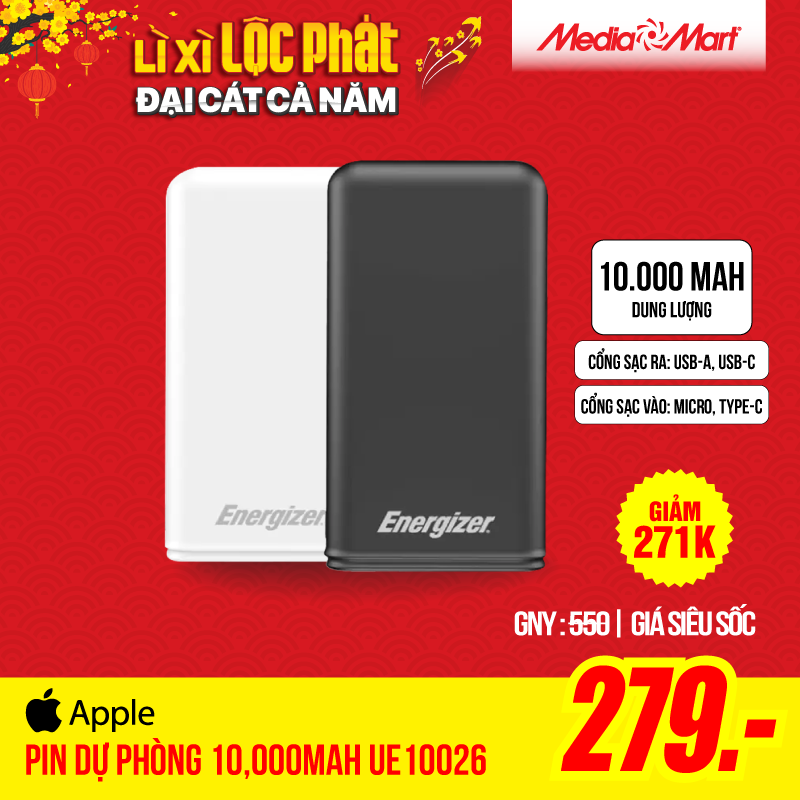 Pin dự phòng Energizer 10,000mAh /3.7V Li-Polymer - UE10026