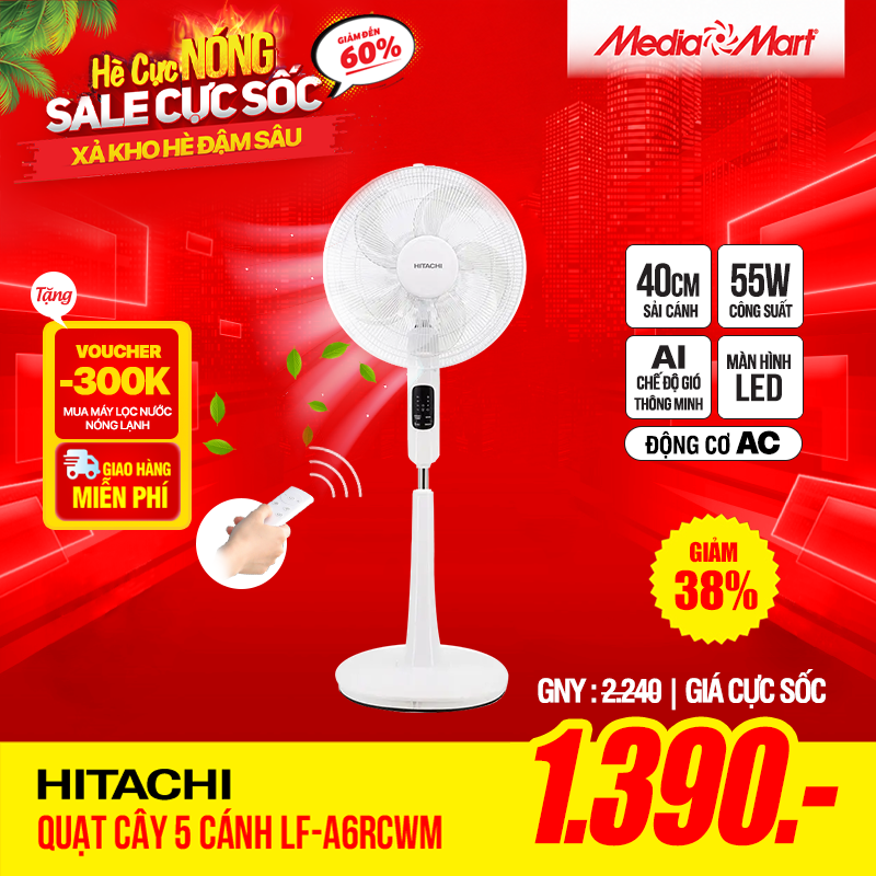 Quạt cây 5 cánh động cơ AC Hitachi LF-A6RCWN-trắng-Có điều khiển