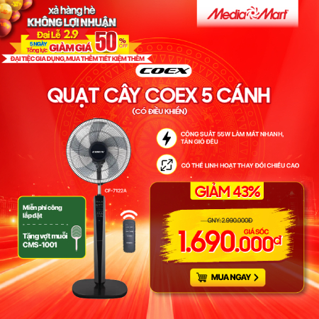 Quạt cây COEX 5 cánh Có điều khiển từ xa Đen – CF-7122A