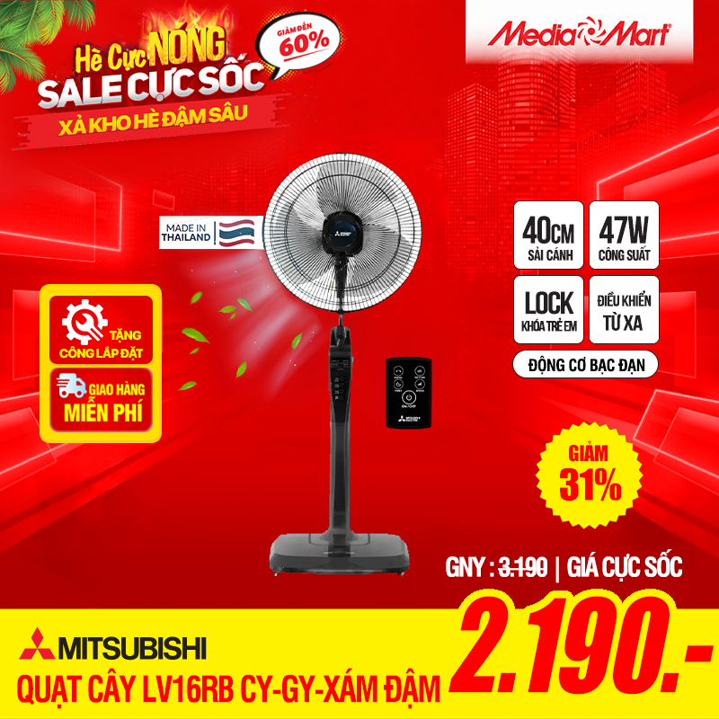 Quạt cây Mitsubishi LV16RB CY-GY-xám đậm- điều khiển- Thailand