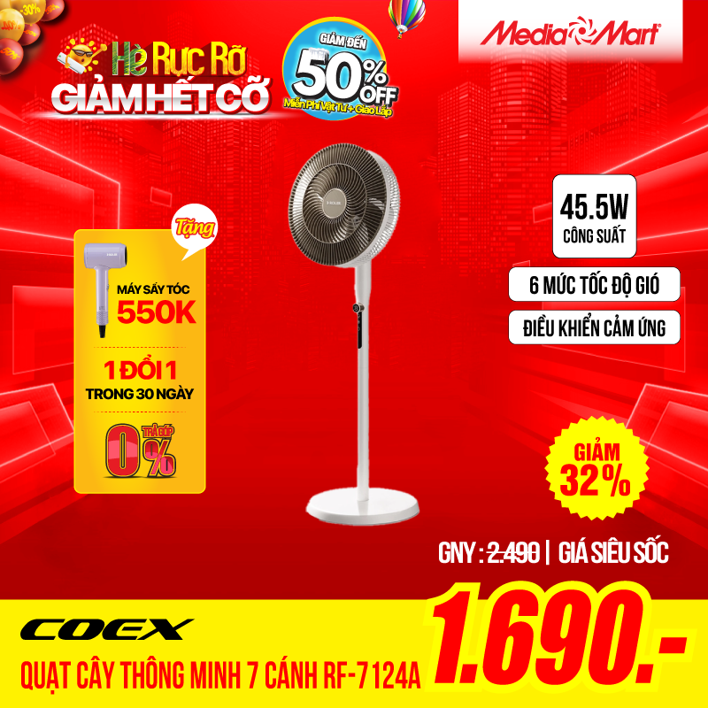 Quạt cây ROLER Thông minh 7 cánh Có điều khiển từ xa Trắng – RF-7124A