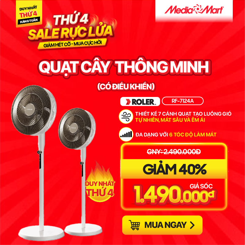 Quạt cây ROLER Thông minh 7 cánh Có điều khiển từ xa Trắng – RF-7124A