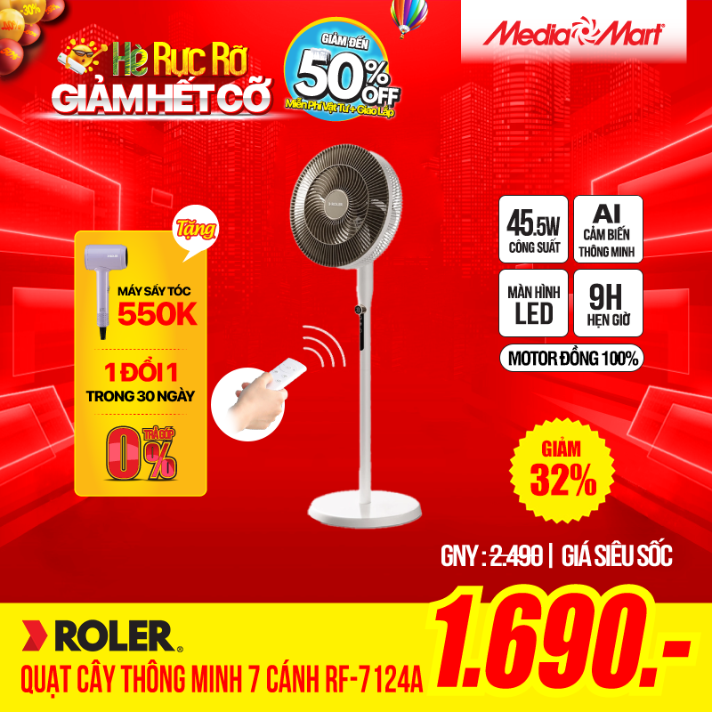 Quạt cây ROLER Thông minh 7 cánh Có điều khiển từ xa Trắng – RF-7124A