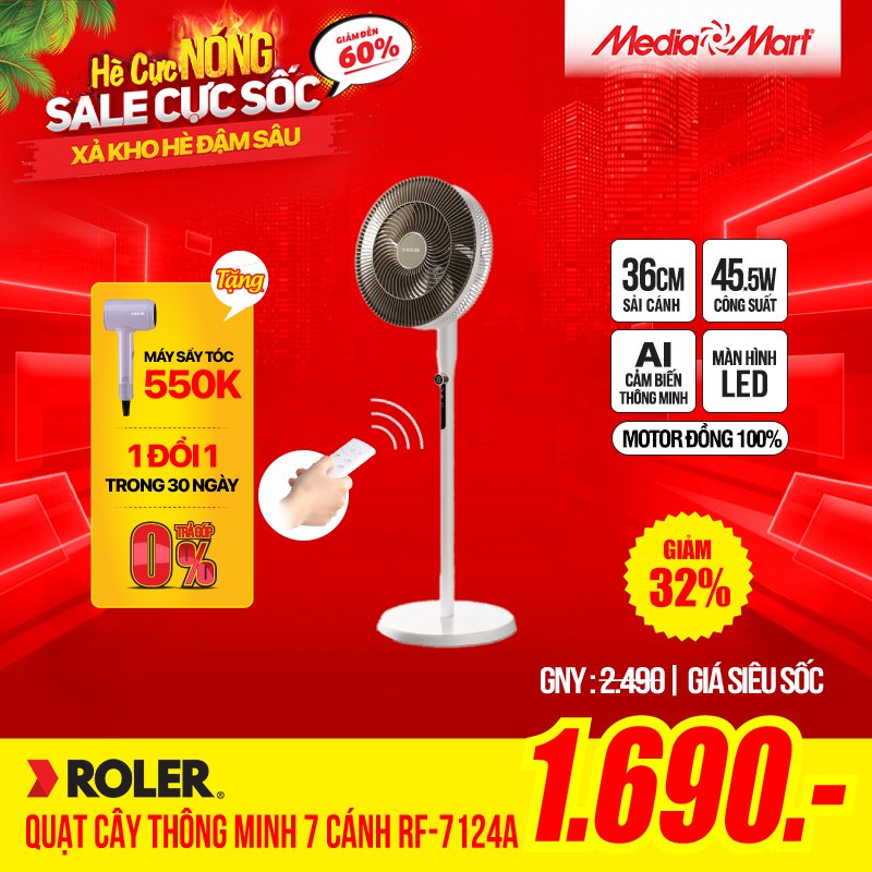 Quạt cây ROLER Thông minh 7 cánh Có điều khiển từ xa Trắng – RF-7124A