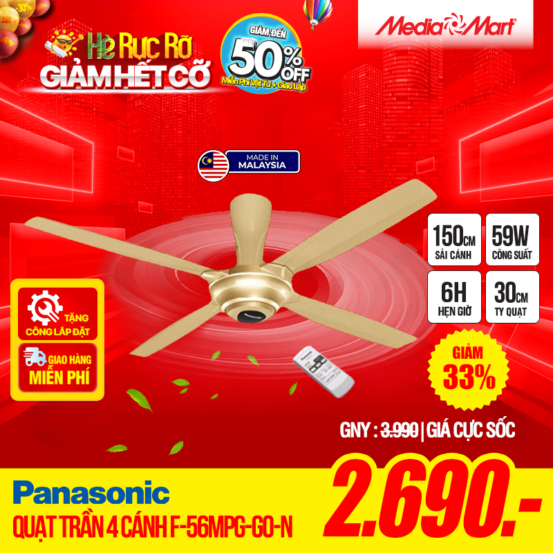 Quạt trần 4 cánh Panasonic F-56MPG-GO-vàng-có điều khiển-ti30-Malaysia