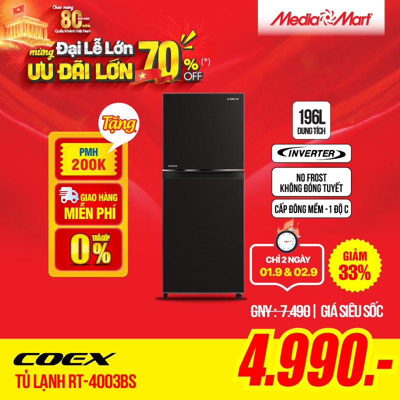 Sale 2/9 Tủ lạnh 2 cửa Inverter Coex RT-4003BS 196 Lít
