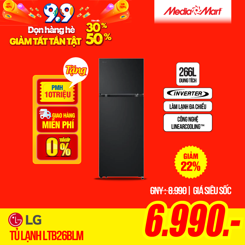 Sale 2/9 Tủ lạnh LG Inverter 266 lít LTB26BLM