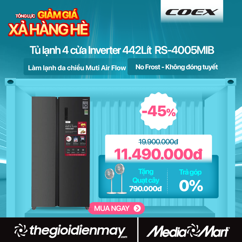 Tủ lạnh Side by side Inverter 442L COEX RS-4005MIB